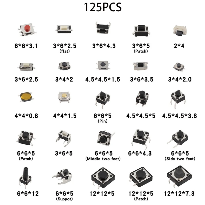 125 Cái/lốc Micro Cho Công Tắc Cảm Ứng Assortment Bộ 25 Loại 5 DIY Công Tắc Nút Nhấn 2x4mm 3x6mm 4x4mm 6x6m