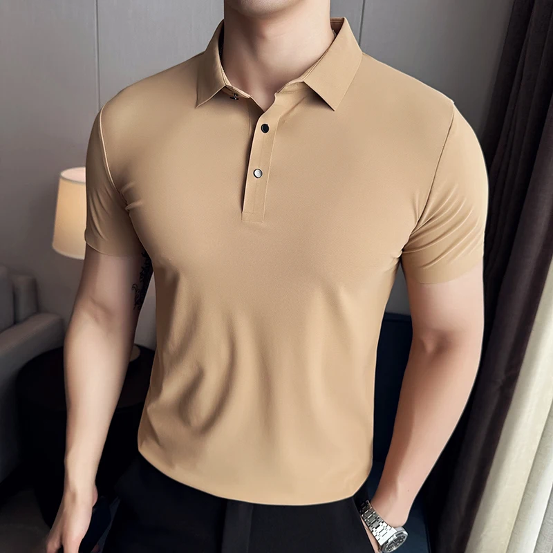 Polo da uomo ad alta elasticità 2024 estate leggera sottile seta di ghiaccio senza cuciture tinta unita Casual Slim Fit t-Shirt moda uomo abbigliamento