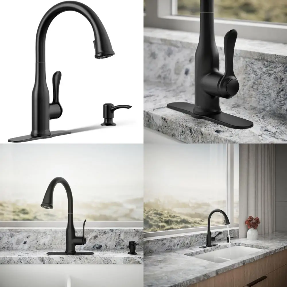 

Matte Black Pull-Down Kitchen Faucet with 2-Function Spray Head, Magnetic Docking, Deck Plate Included, Long-Lasting Durability,