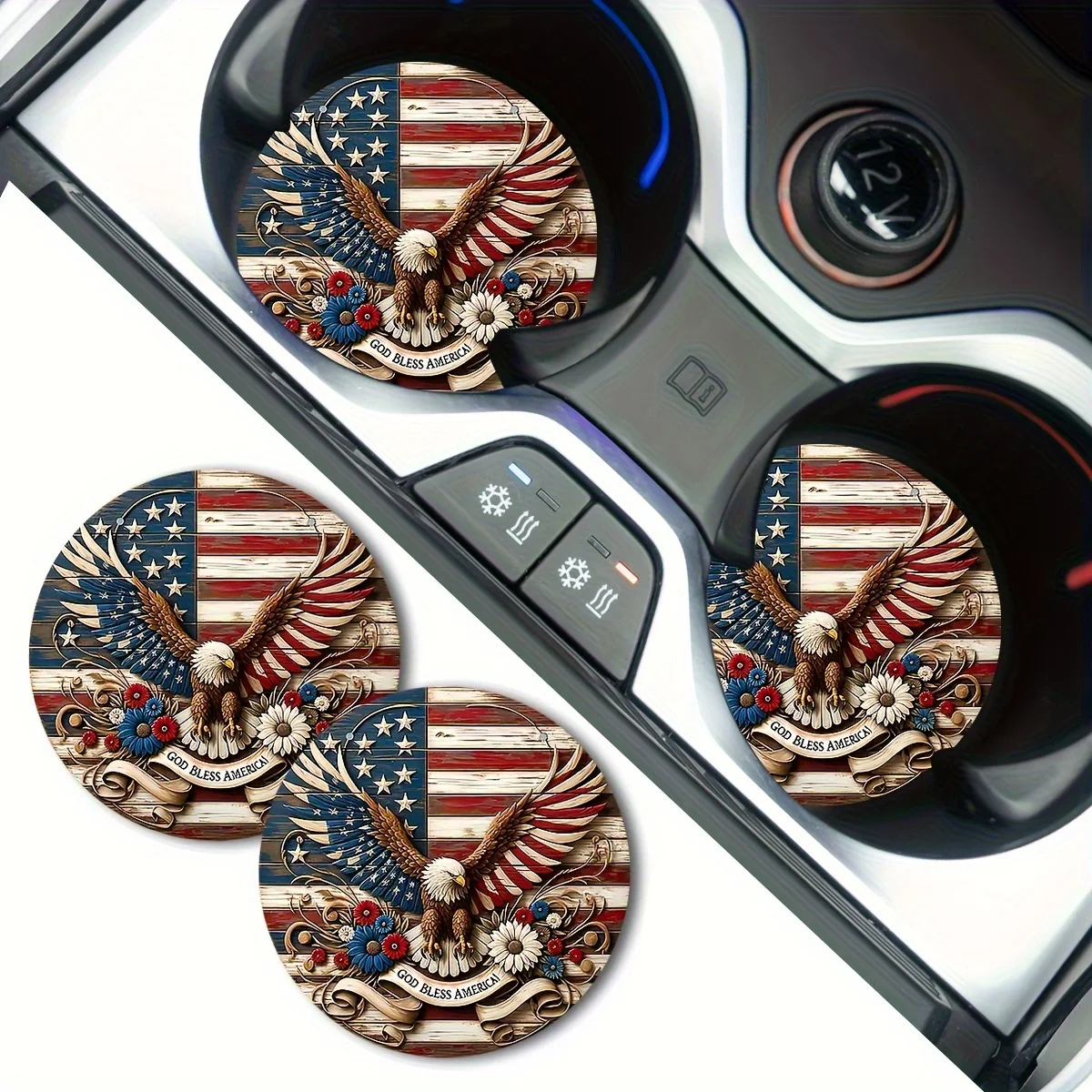 Set Of 2 Patriotic Coasters Featuring The American Flag - Non-Slip, Waterproof, Universal Car Cup Holder Mats, Suitable For Inde
