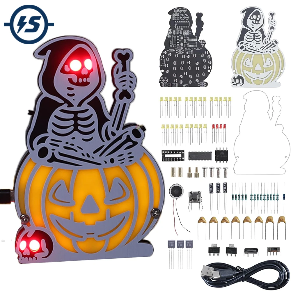 ハロウィン魔女スケルトンパンプキンはんだ付けプロジェクト（5つのライトモードと不気味な音楽付き）stem電子キット、不気味な装飾とギフト