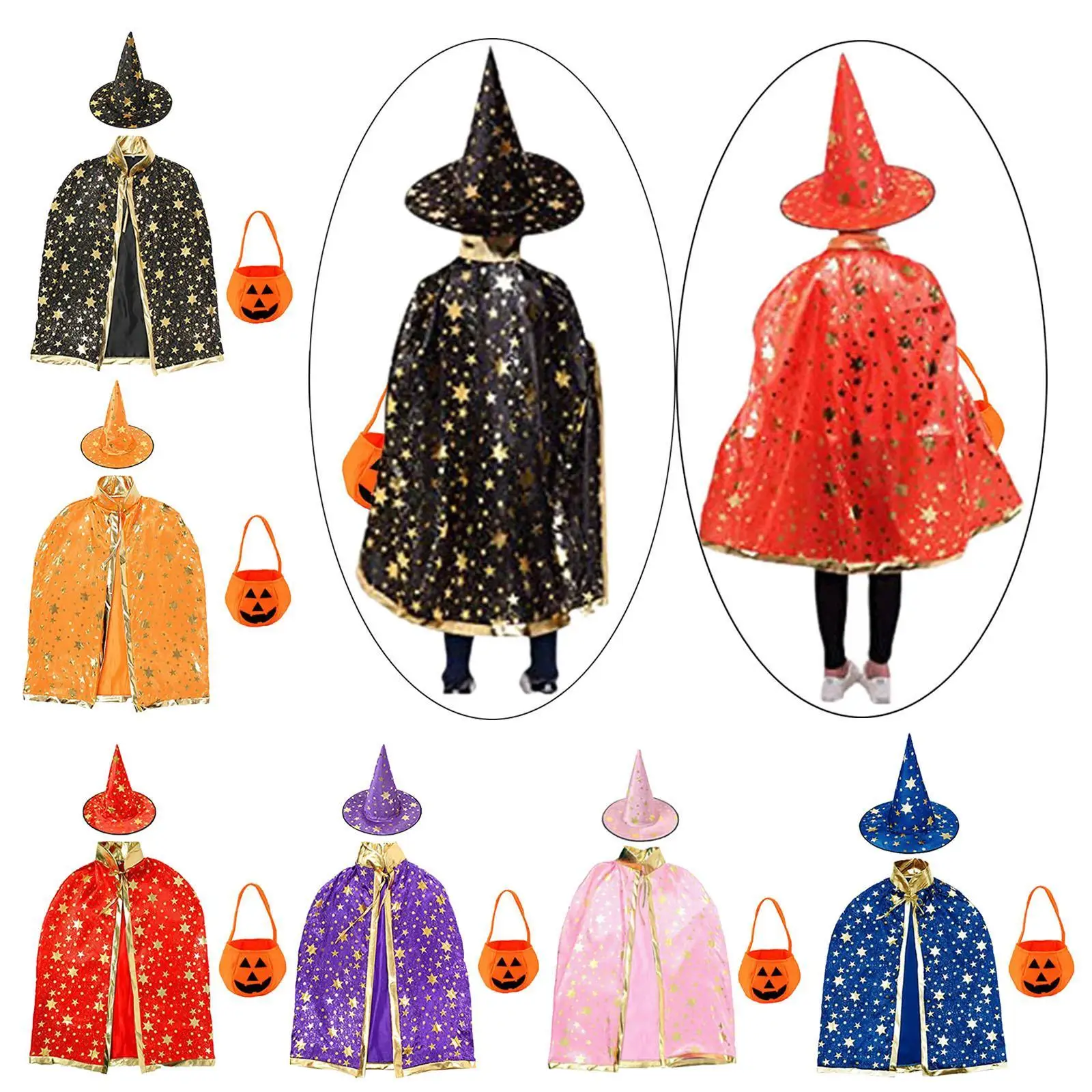 Wizard Cape with Hat and Pumpkin Bag Photography Prop Dress up Role Play Cosplay Costumes Apparel for Holiday Party Supplies