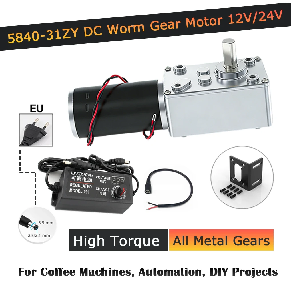 

High Torque 5840-31ZY 58x40mm Worm Gear Motor 12V/24V 7RPM-470RPM All Metal Gears 2.5/2.1mm Plug for Vending Machine DIY Project