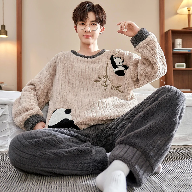 2024 Men Winter Pajamas Coral Velvet Youth Loungewear Boy Thick Big Size Plush Sleepwear Male Homewear Suit Round Neck Nightgown