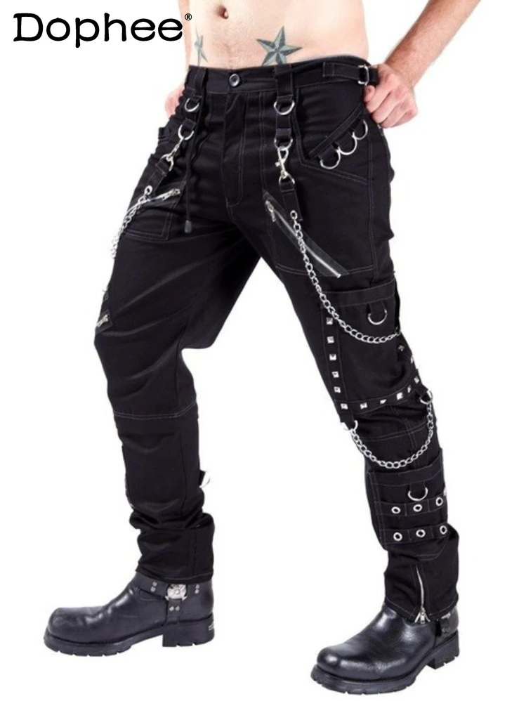 Personality Casual Pants Men's Multi-Zipper Pants Black Rivet High Street Overalls Trendy Male Trousers Fashion Chain Trousers