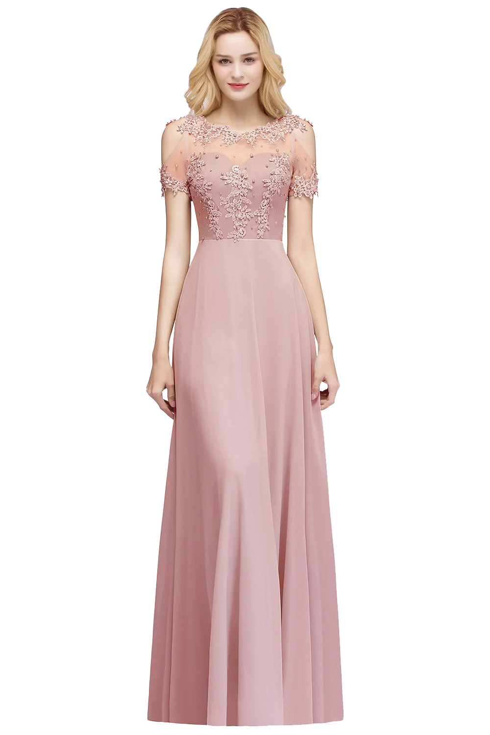 BABYONLINE Rosa Brautjungfer Kleid Perle Perlen Illusion Kurzarm Boho Hochzeit Party Gast Kleider Chiffon-EINE Linie Kleider Frauen