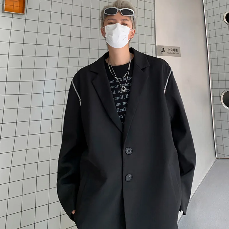 แจ็กเก็ตสูทดีไซน์เปิดไหล่มีซิปสำหรับผู้ชายทรงหลวมเสื้อคลุมสูทสไตล์สไตล์เกาหลีอเนกประสงค์แจ็คเก็ตลำลองชุดลำลองย้อนยุคฤดูใบไม้ร่วง