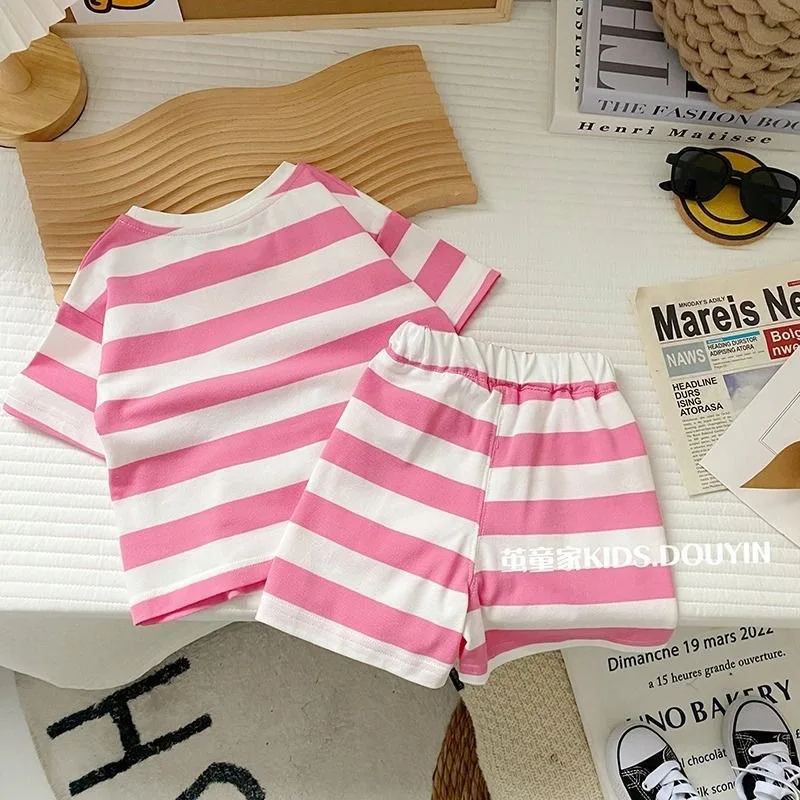 Boys and Girls Summer Suit 2024 Baby Thin Korean Style Striped Children\'s Short-sleeved Shorts Two-piece Set