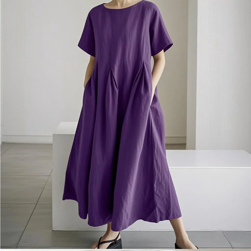 المرأة القطن الكتان فساتين متوسطة الطول الصيف شيك الإناث Vestidos فضفاض الصلبة ألف خط بوهو فستان قصير منتفخ كم فستان الشمس غير رسمي جديد