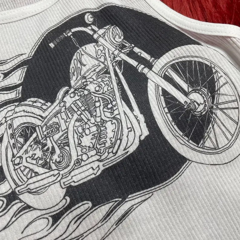 Ribbed Tank with Flamin’ Motorcycle Vintage Inspired Graphic 20 Inch Emo Girls Aesthetic Letter Print Grunge Goth Camisole Top