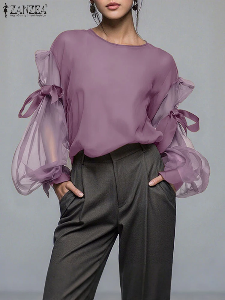 ZANZEA elegante blusa con lazo para mujer 2025 otoño moda malla Patchwork manga larga linterna Casual Tops camisas señoras coreanas Blusas