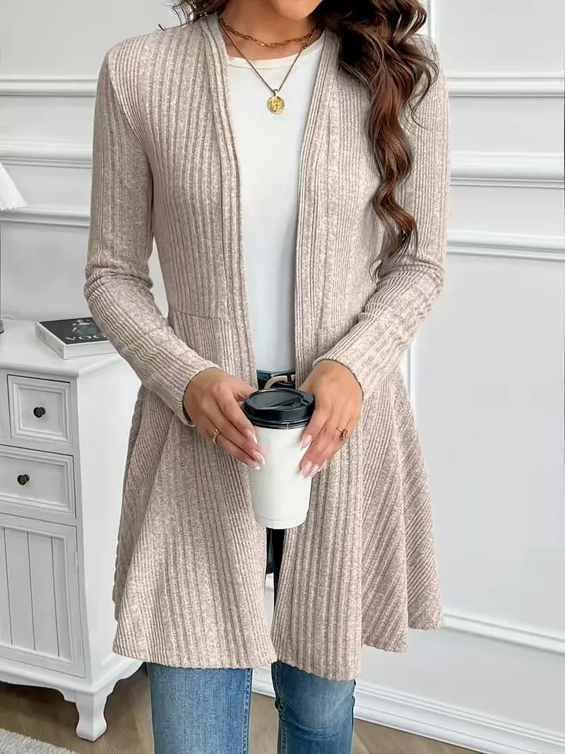 Schwarzer gerippter Strick-Cardigan für Damen, vorne offen, langärmlig, A-Linie, mittellang, lässige, lockere Oberbekleidung für Frühling und Herbst – Detail 11