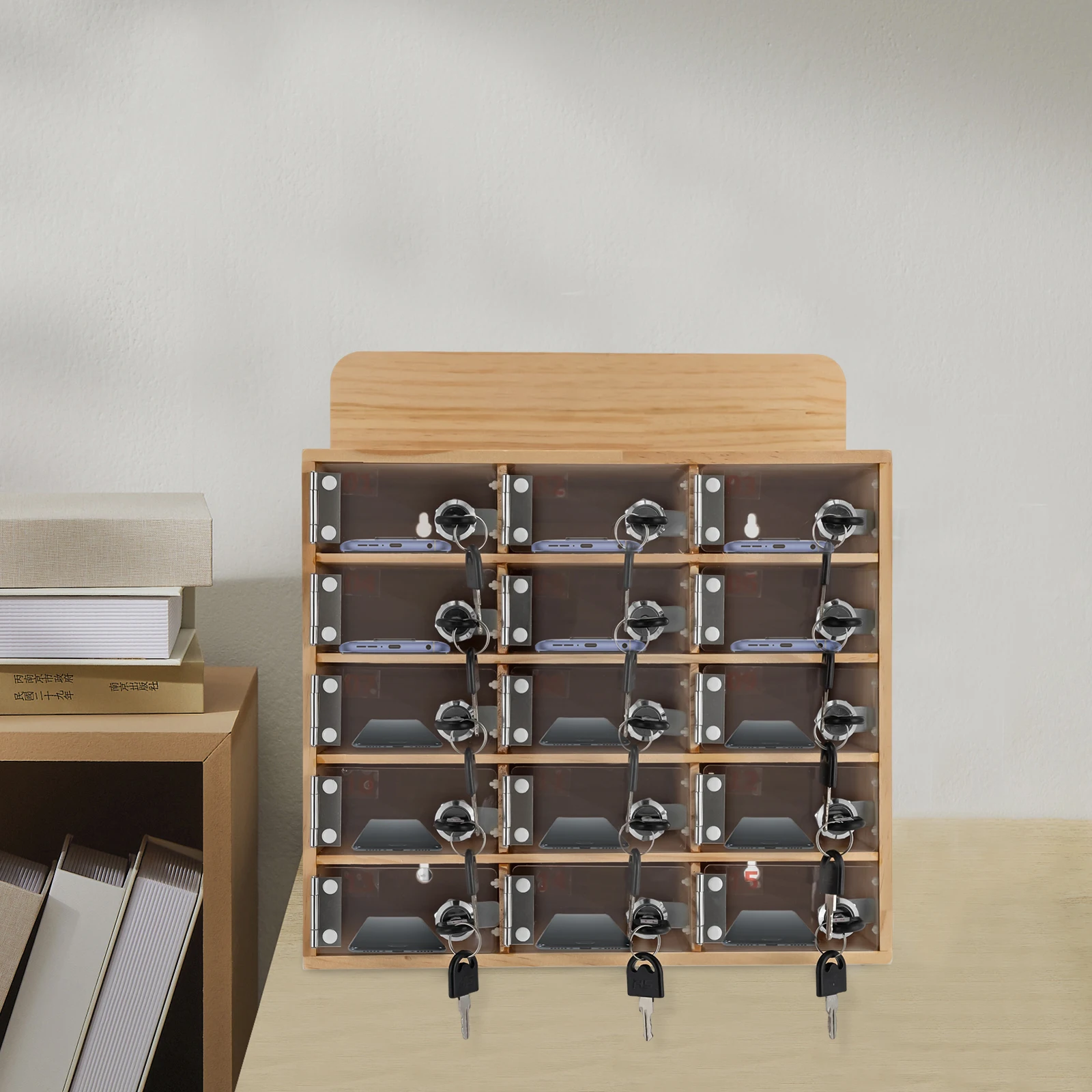 

Log Color Solid Wood 32x19x28cm Cell Phone Storage Cabinet 15 Key Acrylic Door Safe Deposit Box