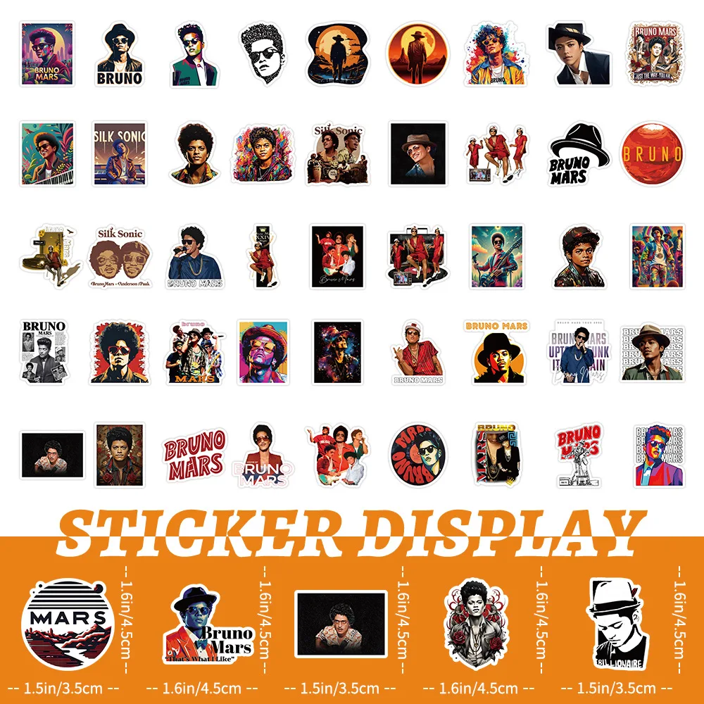 10/30/50PCS Cool Bruno Mars Rap Stickers R&B Singer Sticker Luggage Laptop Phone Guitar Car Biek Skateboard Decals Fans Gift