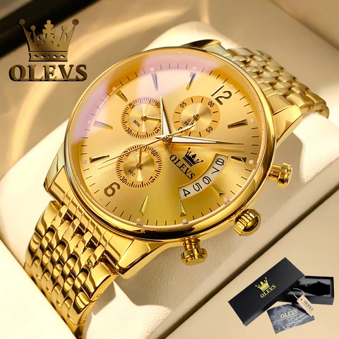 Olevs relógios masculinos marca superior relógio de luxo à prova dwaterproof água aço inoxidável relógio de pulso luminoso caixa presente conjunto