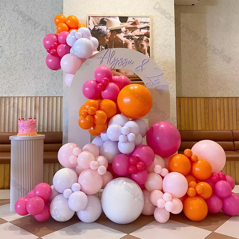 134pcs Orange Hot Pink Balloons Arch Set Doubled Macaron Purple Cute Ballon Garland Baby Shower Birthday Wedding Decor Supplies