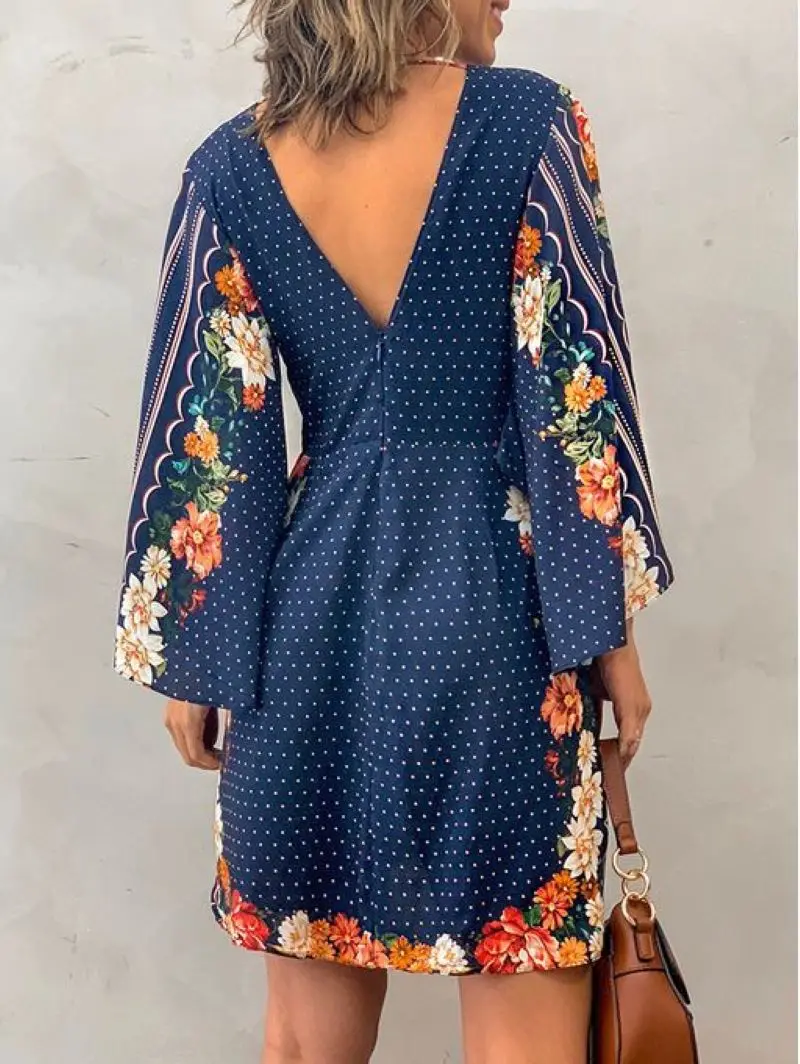 Women's Deep V Neck Long Sleeve Floral A-Line Dress, Elegant Woven Fabric, Perfect for Casual Daily Wear & Party