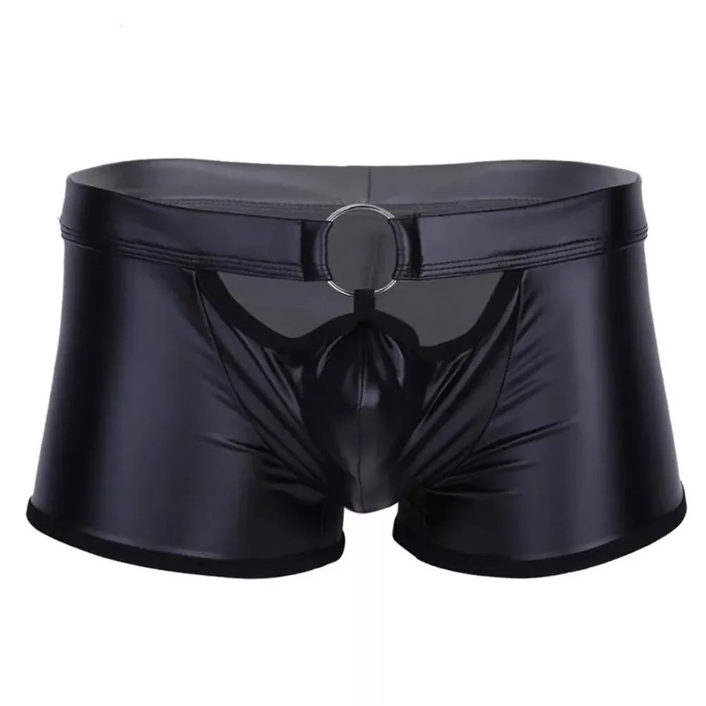 Sexy Men Boxers Faux Leather Oil Shiny Underwear Hollow Temptation Brief Low Rise Shorts Underpants Seduction Erotic Lingerie