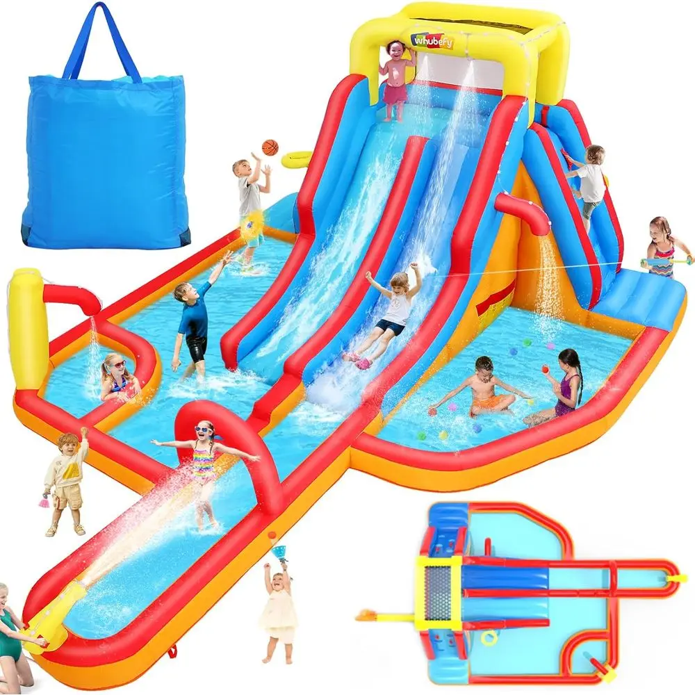 Corso di ostacoli con scivolo d'acqua a doppia corsia Iatable per cortile dei bambini Parco acquatico grande da 18'x14', acque extra lunghe da 15 piedi