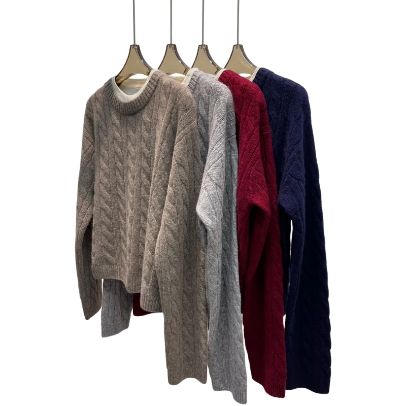 

Cashmere loose crew neck twisted flower short sweater knitwear pull femme blusa de lã inverno feminina
