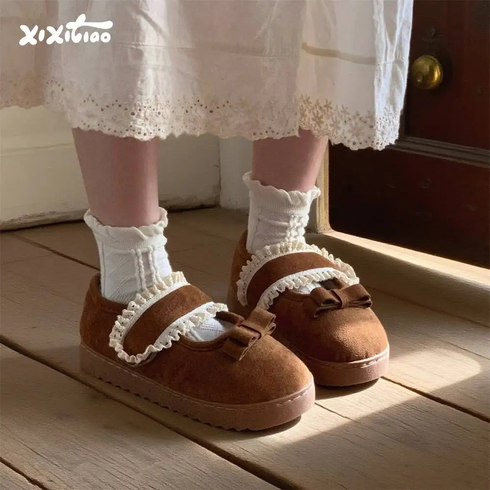 

Women Cotton Shoes Indoor Household Shoes Autumn Winter Versatile Bean Shoes Non Slip Outdoor Sweet Lace Furry Shoes
