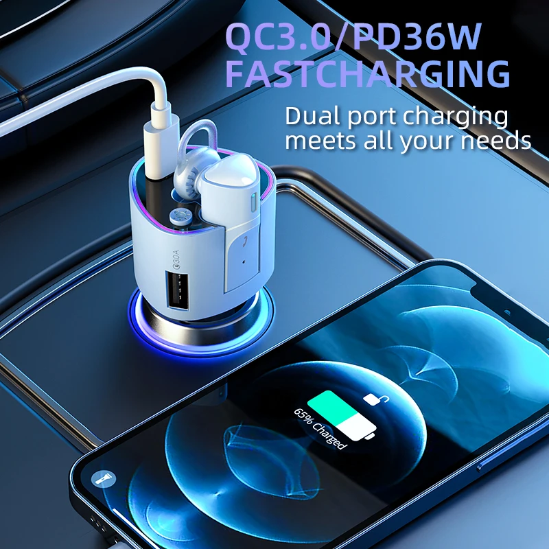 36W 2-in-1 Car charger Super Fast Charge cigarette lighter Multifunctional wireless voice noise cancelling Bluetooth 5.0 headset