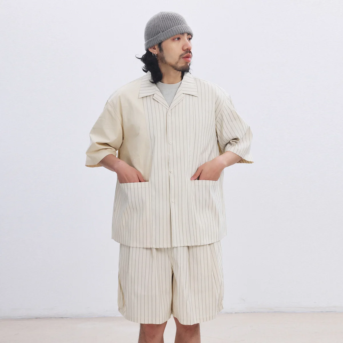 

Summer Striped Shirt Men Japanese Korean Streetwear Fashion Loose Casual Short Sleeve Vintage Splice Shirts Shorts