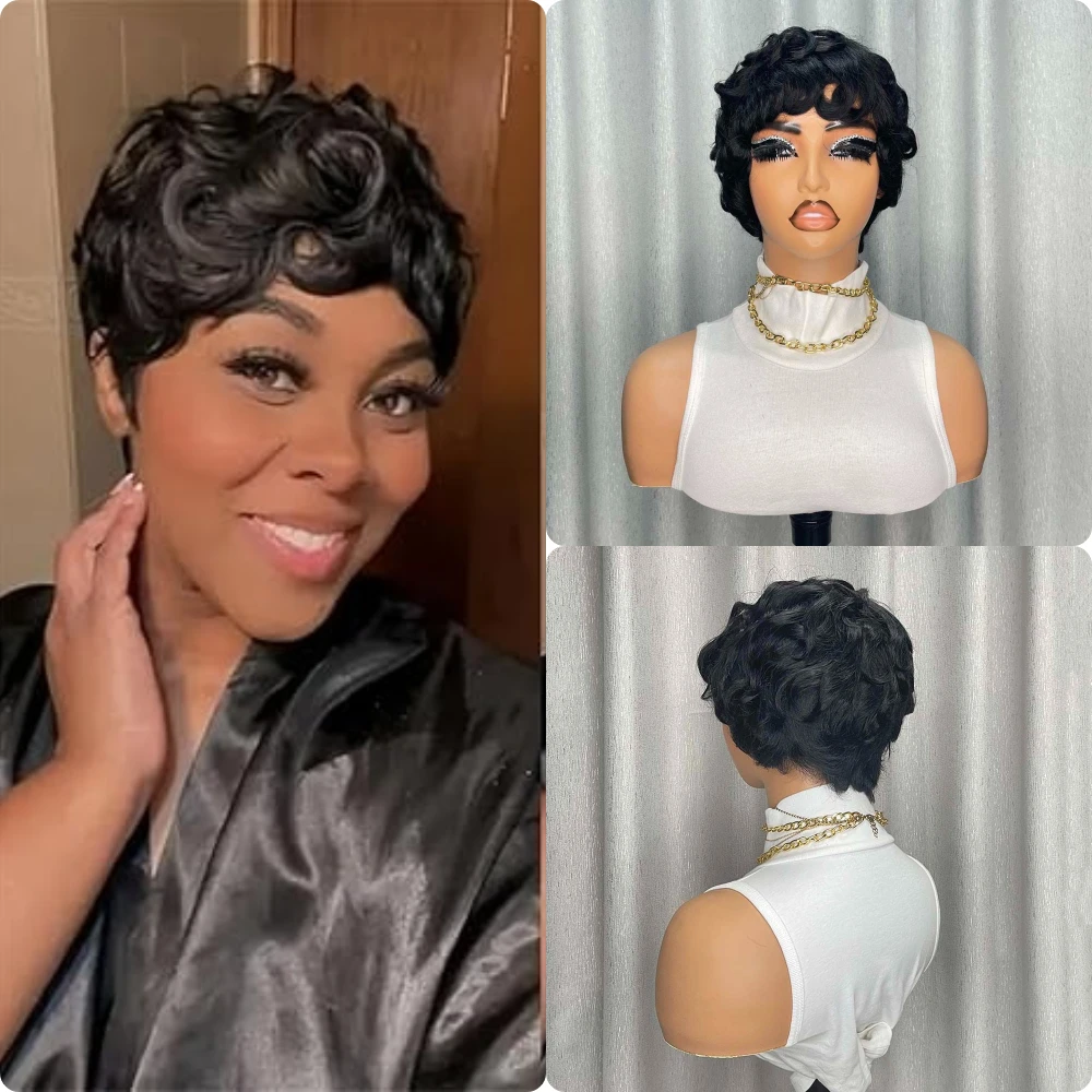 흑인 여성용 픽시컷 가발, 앞머리 있는 짧은 레이어드 가발, 자연스러운 검정색 인모 기계식 가발, 데일리용