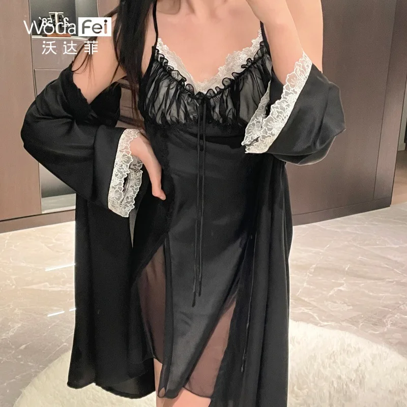 Ice silk hanging skirt nightgown with chest pad, new lace delicate and skin-friendly thin loungewear