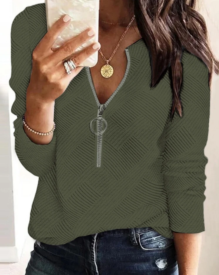 Women's Top Solid Color Versatile Metal Zipper Loose Hoodie Temperament Commuting Casual Retro Elegant Top