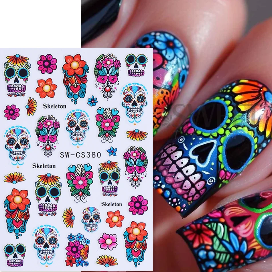 2 Stück Totenkopf-Nagelaufkleber Bunte Totenkopf-Blumen-Nagelsticker Selbstklebende Gothic-Skelett-Blumen Halloween-Maniküre-Dekoration – Detail 4