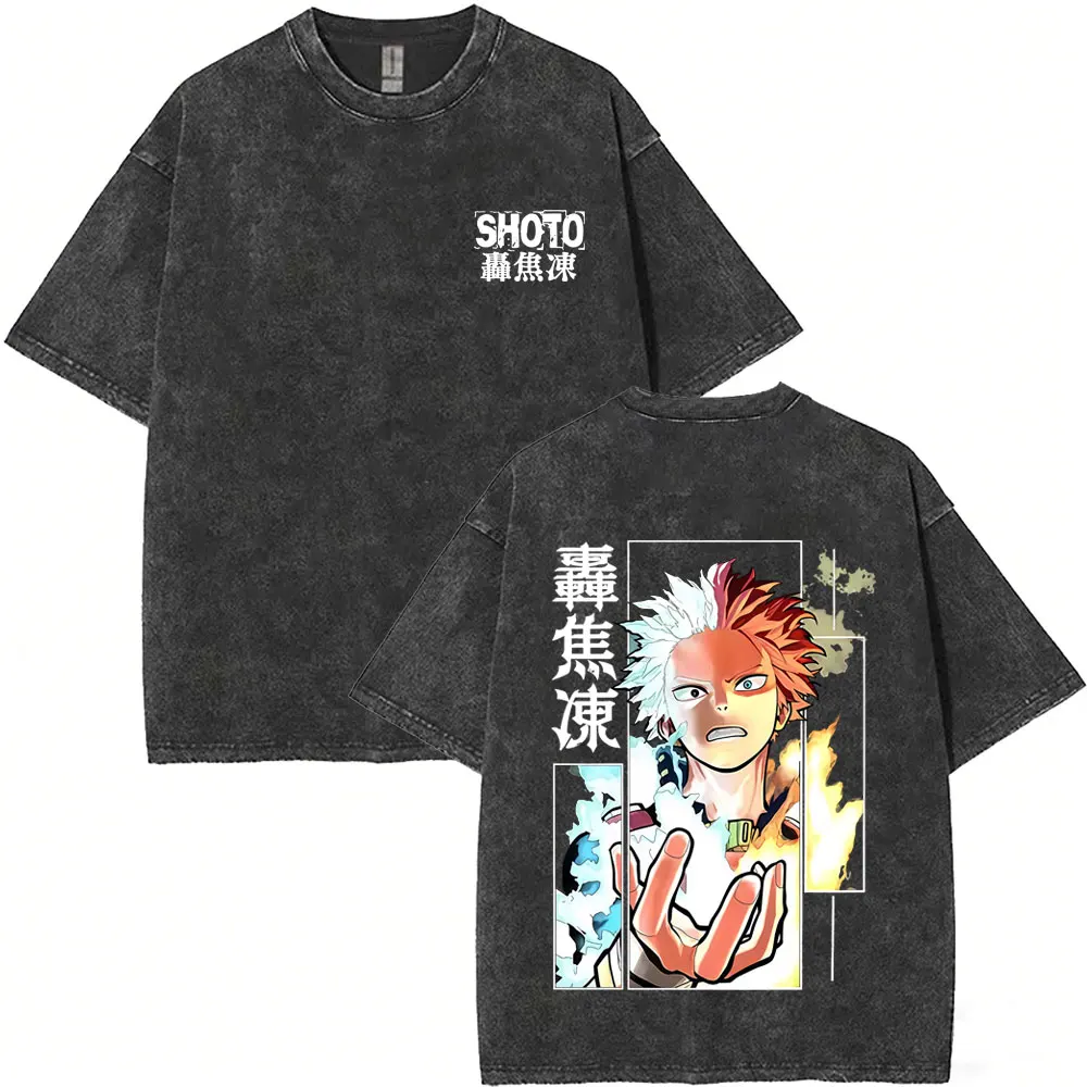 

Anime My Hero Academia Shoto Todoroki Vintage Washed T-shirt Men Women Casual Retro Oversized T Shirts Cartoon Harajuku T-shirts