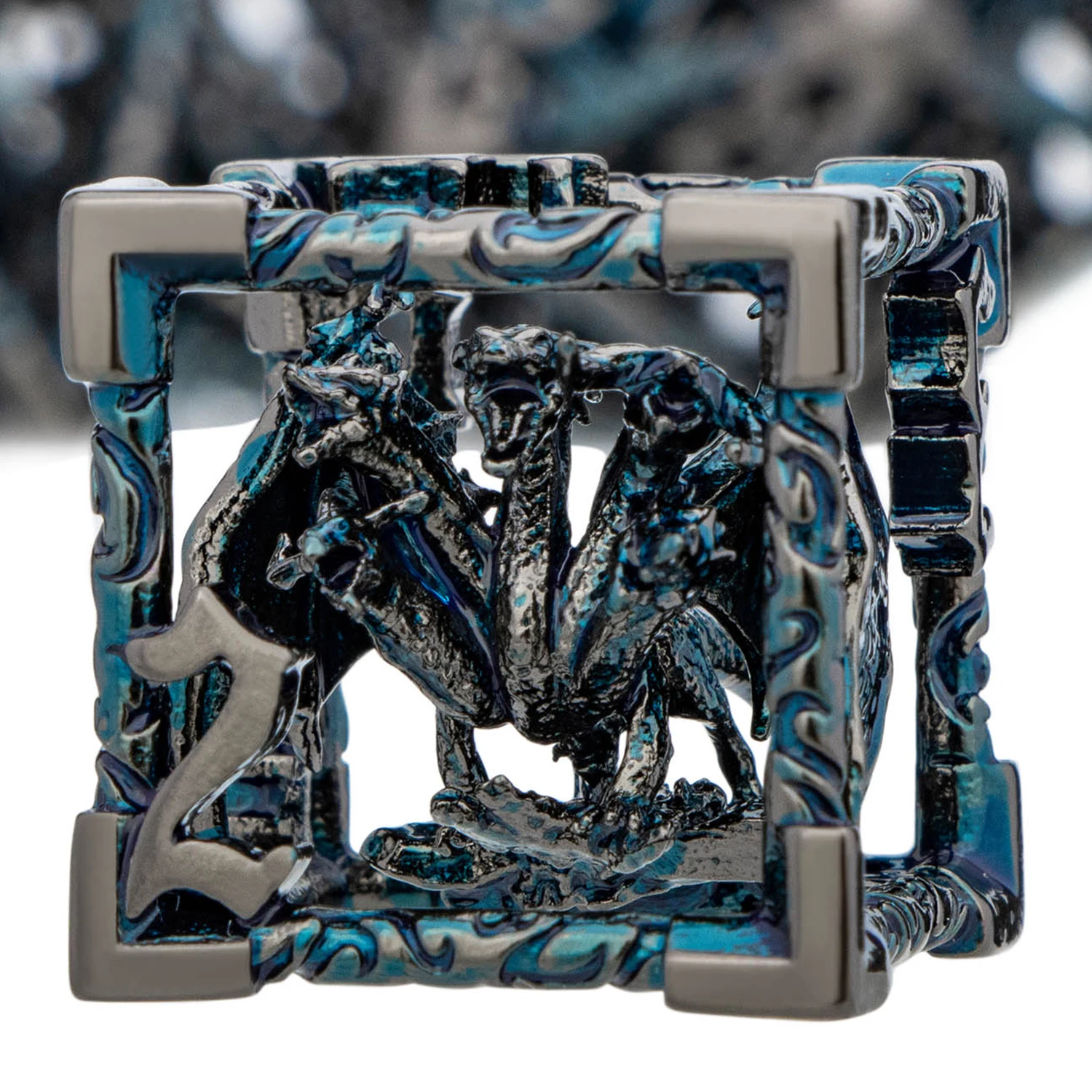 

Металлические полые кубики D&D с черным никелевым покрытием и синим отливом, в виде дракона, для настольных ролевых игр (D&D, Pathfinder)