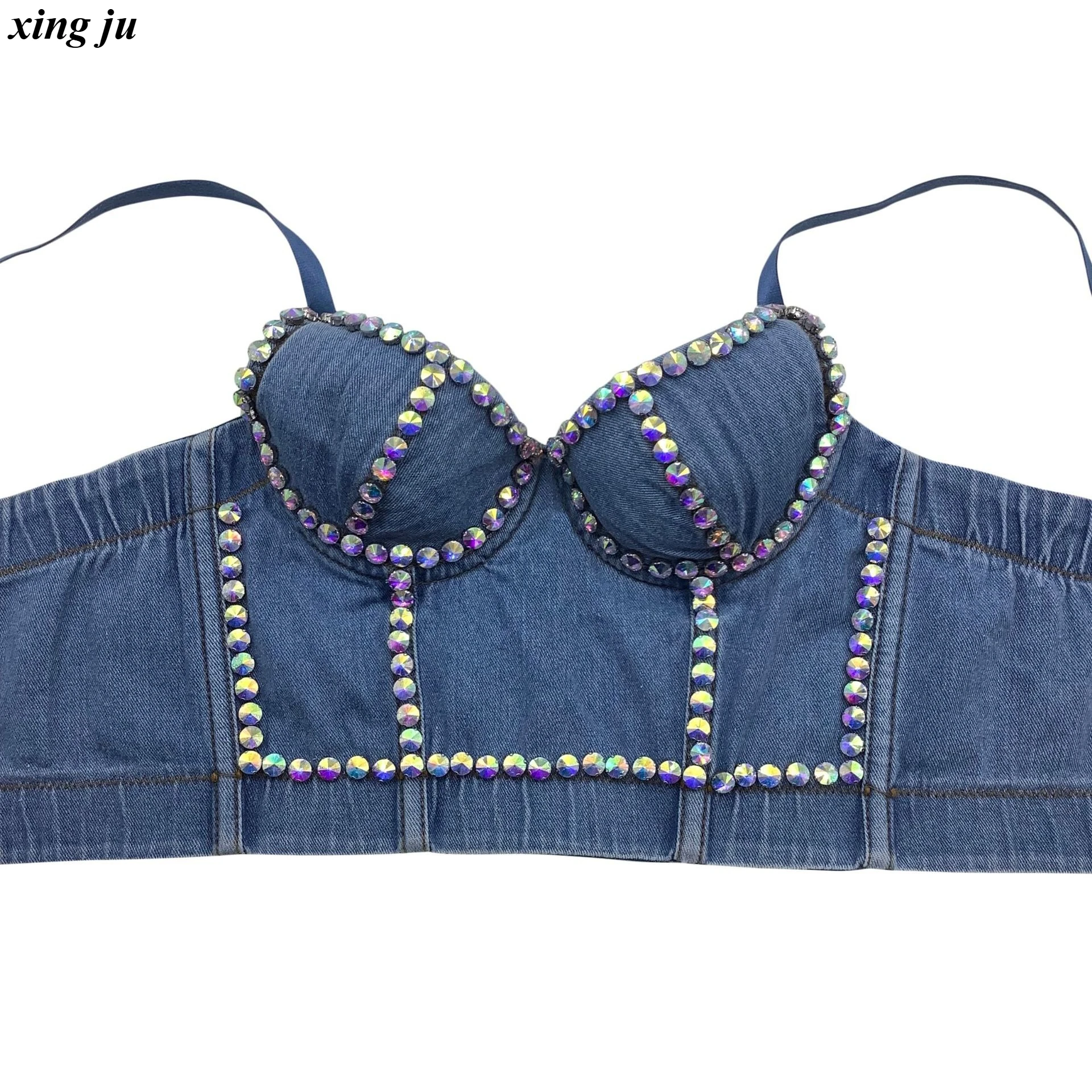 Xing Ju Nachtclub Sexy Denim Fishbone Sling Tops Jazzdans Backless Diamanten Klinknagels Korte Vest Vrouwen Stage Performance Kleding