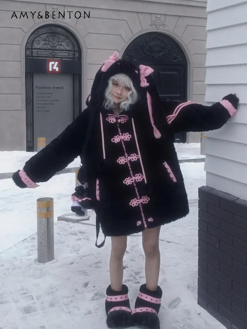 Japanse gotische zoete schattige konijnenoren capuchon pluche jassen voor vrouwen winter nieuwe kawaii boog enkele rij knopen Y2K oversized jas