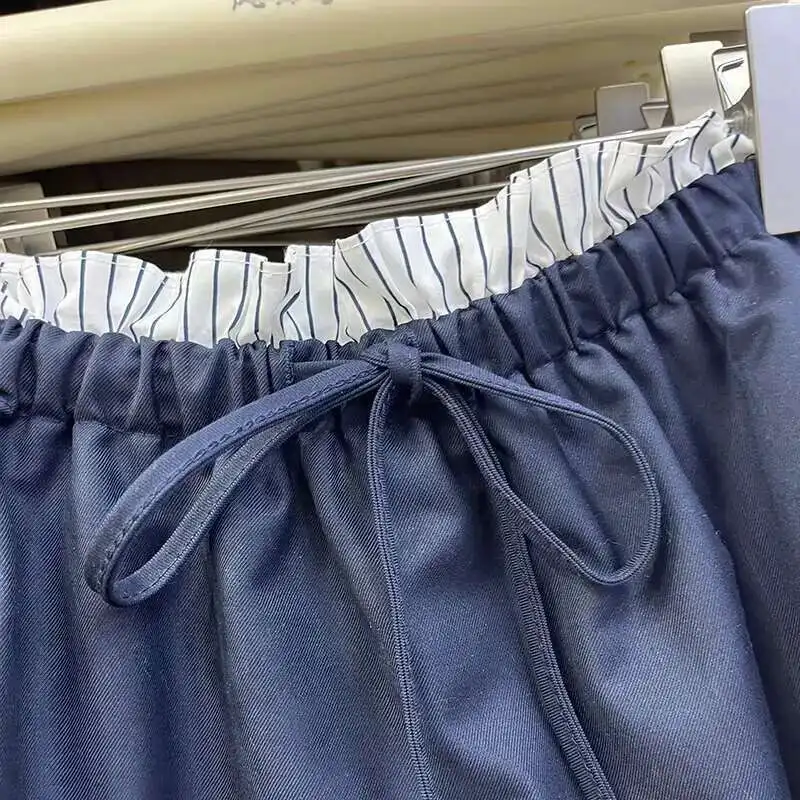 Elastic Waist Striped Spliced Casual Wide Leg Pants Women Loose All-match Black Short Trousers Summer New Tide