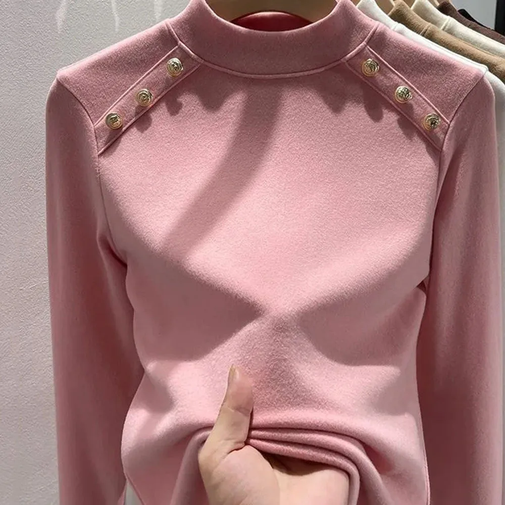 Autumn Winter Casual Fashion Solid Female Tops Simplicity Button Spliced Half High Collar Warm Slim Pullovers Women's Clothing