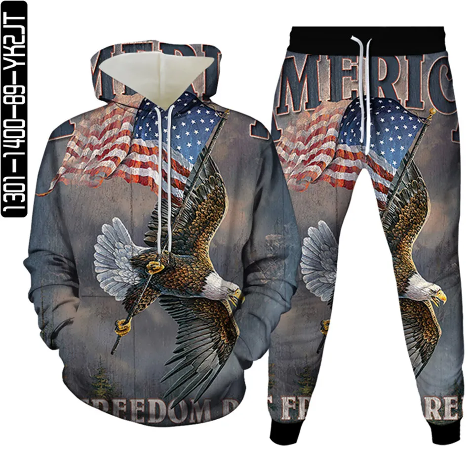 Men Hip Hop Tracksuit Set 3D Print Animal Eagle USA Flag 2Piece Sweatshirts+Sweatpants Women Fashion Hooded Unisex Clothing