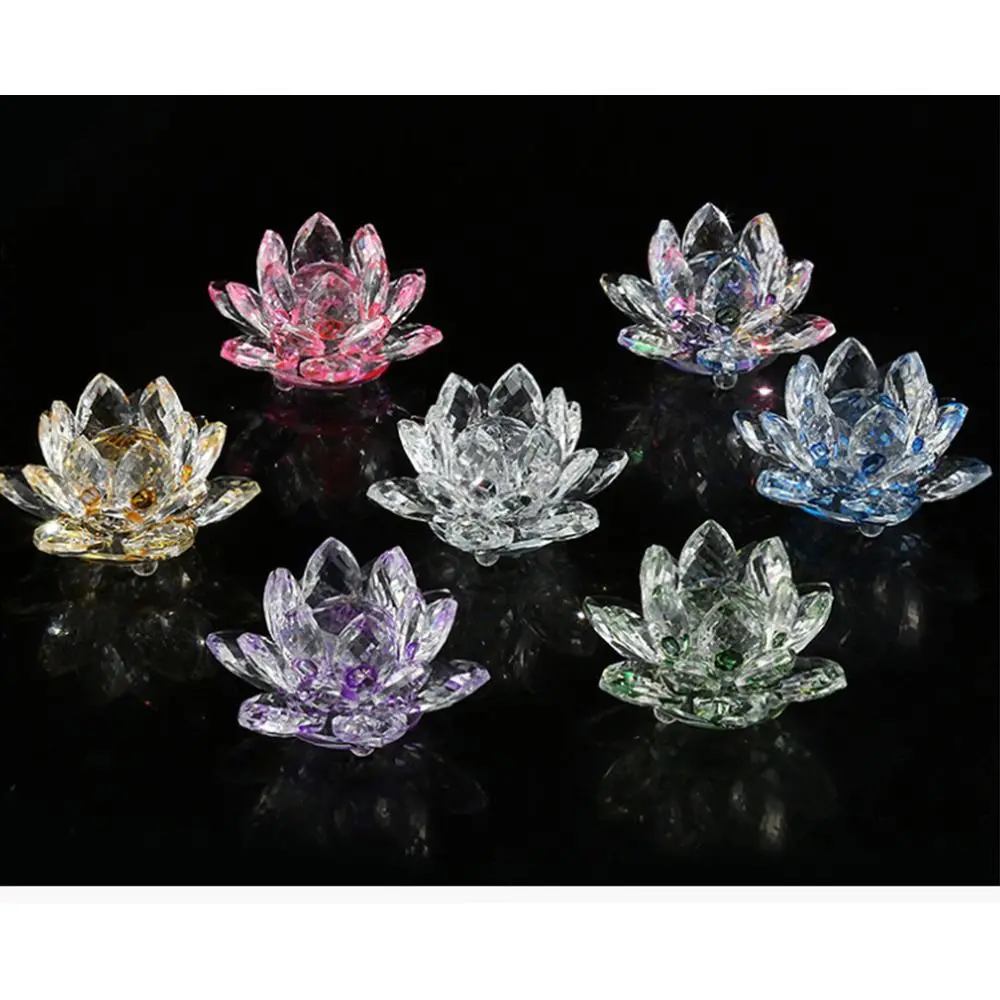 Hue Reflection Crystal Lotus Flower 3 Foots Sturdy Crystal Flower Figurine 3 Layers Lucky Charm Glass Lotus Feng Shui Decor