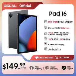 Oscal pad 16 tablet, 10.5 ''fhd + display 8gb 128gb/256gb, 8200mah unisoc t606 octa core, câmera 13mp android 13 tablets blackview