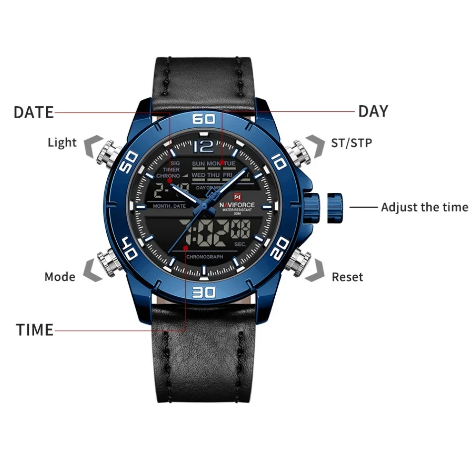 NAFIFORCE ساعة رياضية رجالية 3ATM مقاوم للماء عرض مزدوج ضبط الوقت حزام من الجلد الطبيعي LED ضوء الليل عرض ساعة الذكور