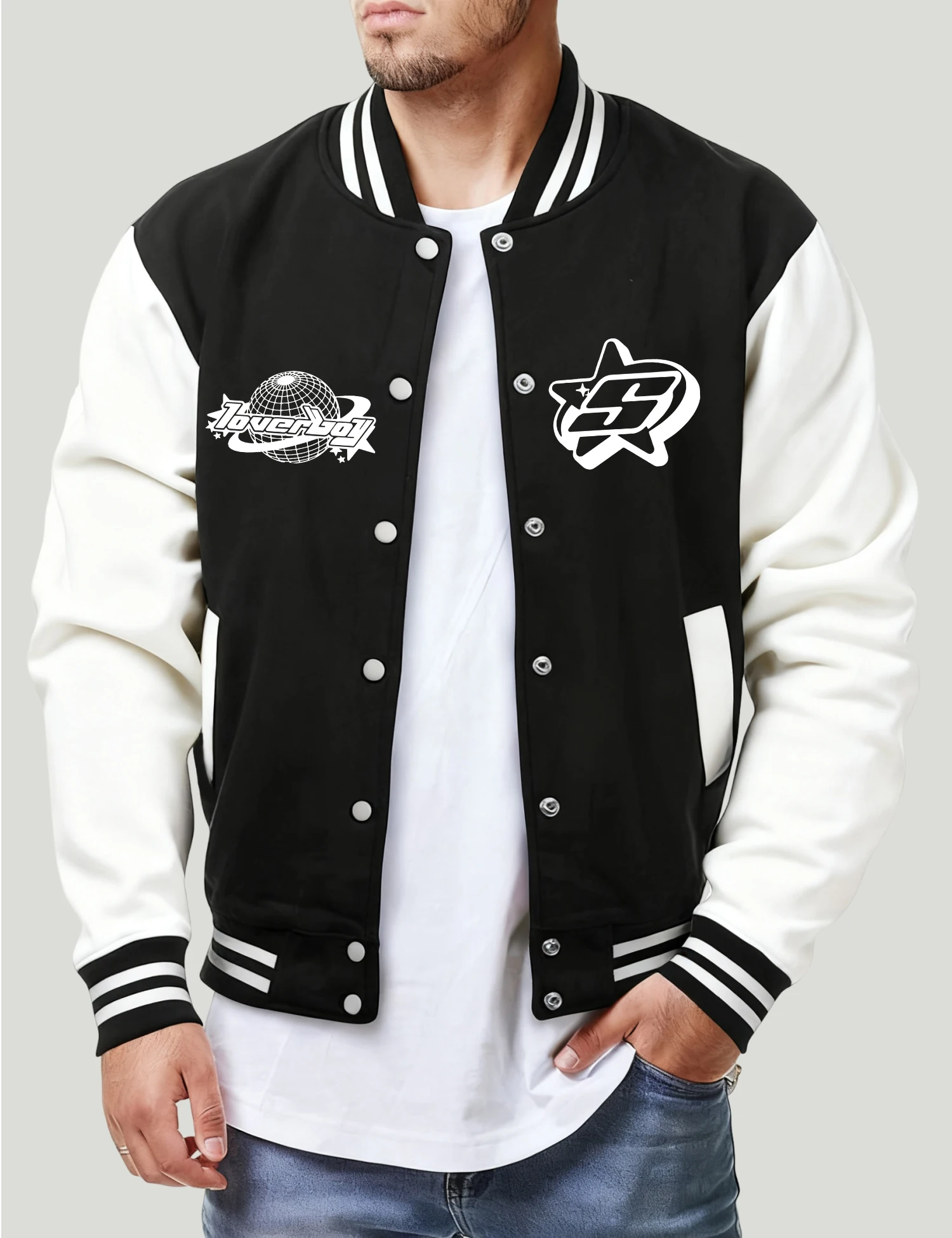 

Surrounding The Earth With The S Print Men Baseball Jersey Vintage Pocket Jacket Loose Fitness Menswear Comics Unisex Streetwear