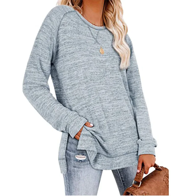 Women Sweatshirts Solid Color Sweatshirt Round Neck Long Sleeves Hoodies with Slit Top Autumn Winter 2024 New Casual Loose Tops