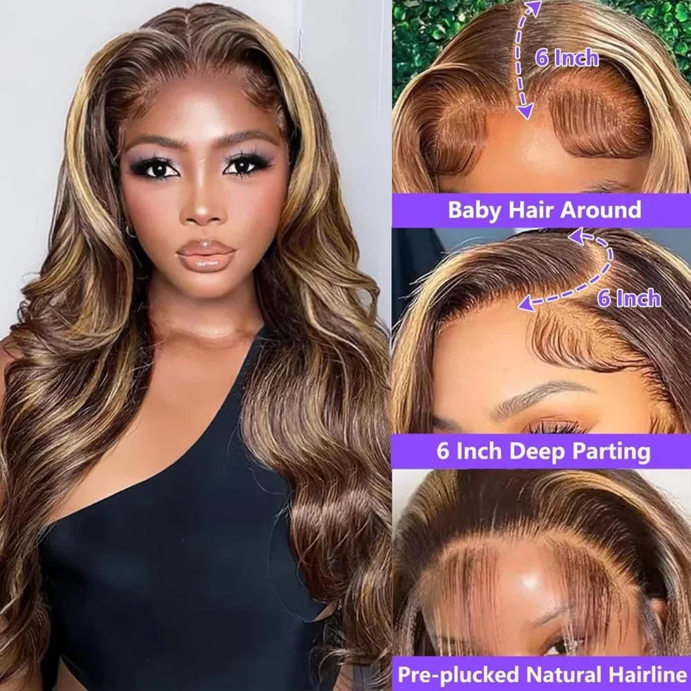 42 Zoll 13x6 HD Transparente Lace-Front-Perücke, gewelltes Echthaar, gefärbt, für Frauen, brasilianisches Haar, 4/27 Blond, vorgezupfte Perücken