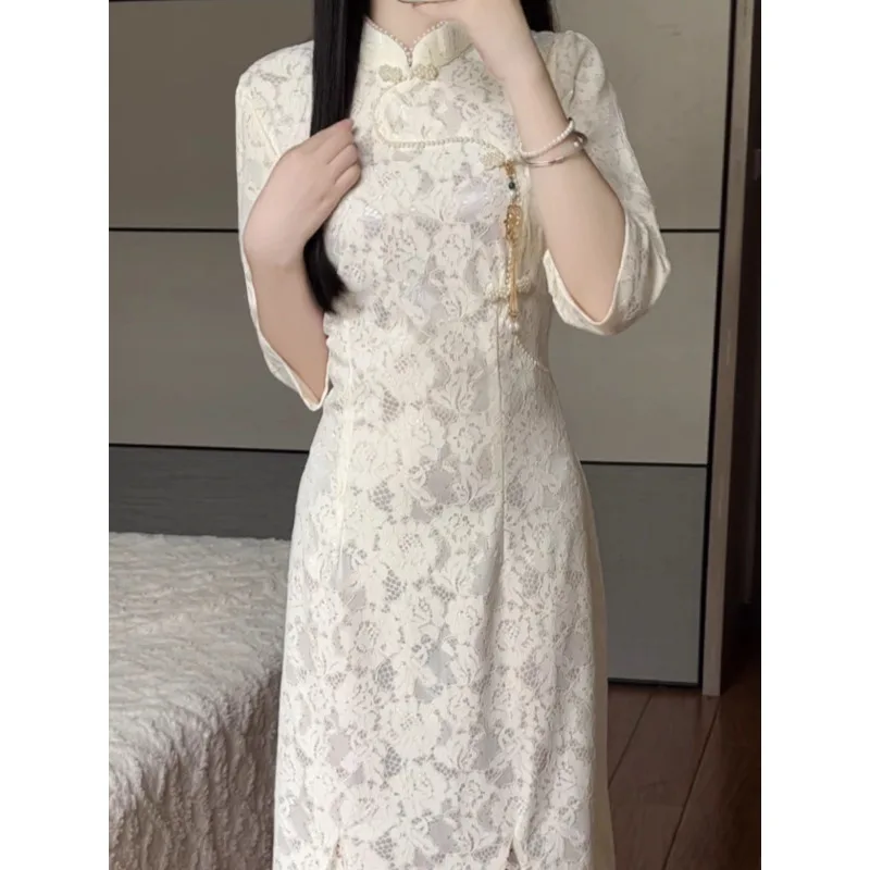 

Qipao Dress Cheongsam Lace Improved Chinese Traditional Dress 2024 Spring and Autumn High End Fishtail Long Clothing Asian