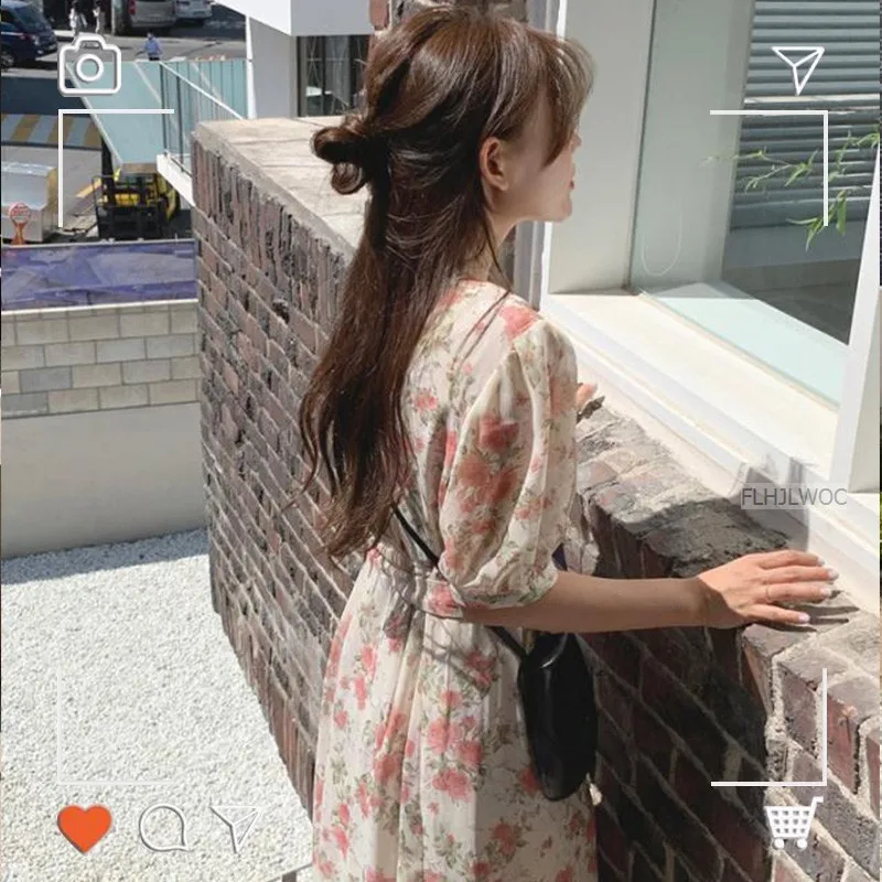 Kwiatowe piękne długie sukienki kobiety Korea japonia styl kompozycja z kwiatów opaska Vintage Tie duszpasterska śliczna szykowna sukienka Flhjlwoc Vestido