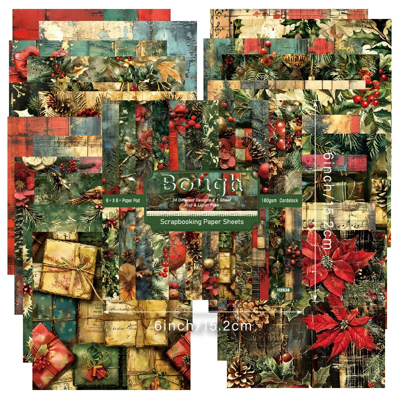 Retro Winter Holiday Pinecone Floral Pattern Scrapbook Paper Pad DIY Decoupage Junk Journal Cardmaking Album Collage Planner