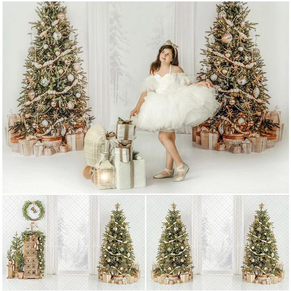 

White Frost Christmas Window Photo Background Kids Portrait Photo Studio Props Xmas Trees Wreath Gift Decor Photo Studio Props