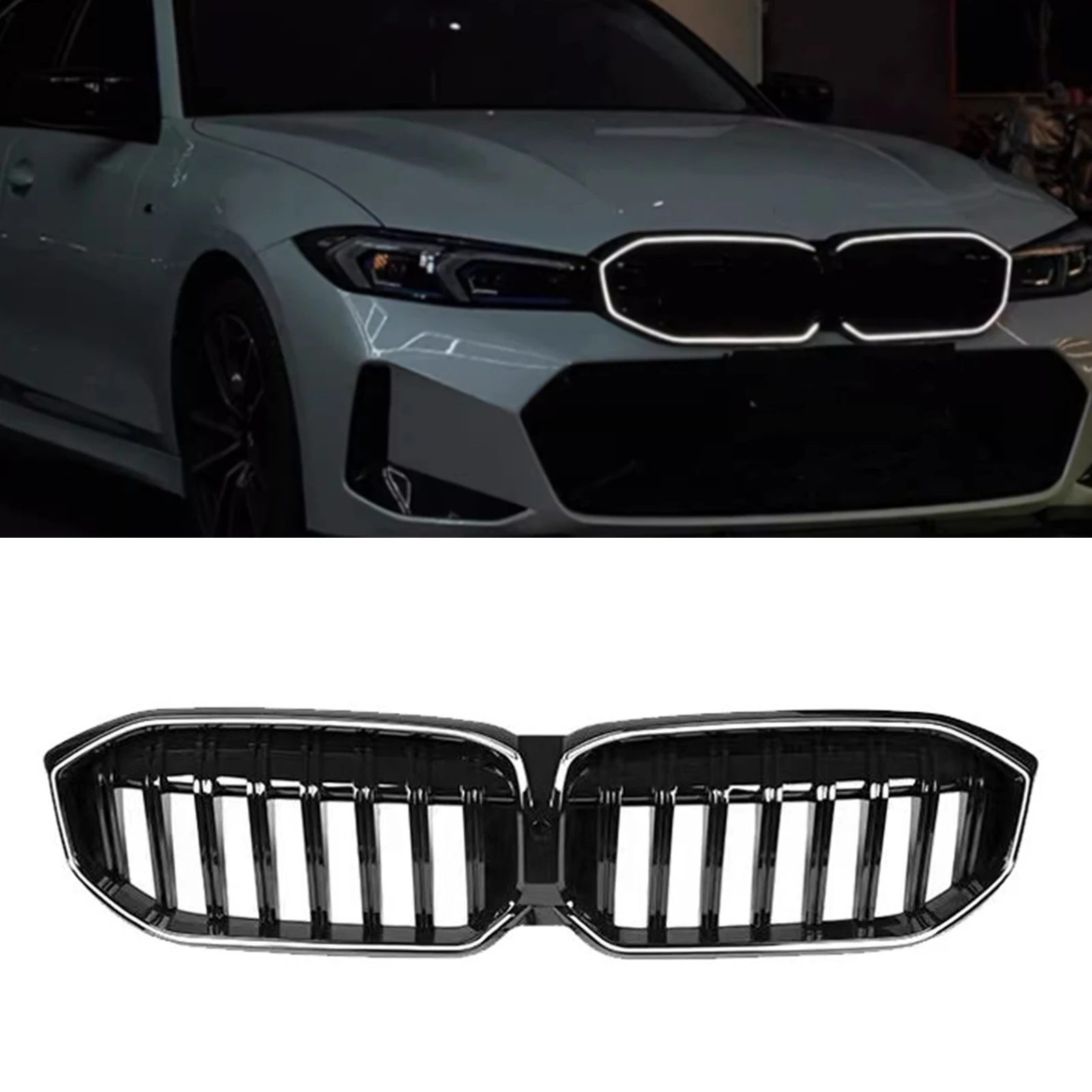 

Front Kidney Grille Racing Grill For BMW 3 Series G20 320i 330i 2023-2024 Upper Bumper Radiator Hood Mesh Grid With LED Light