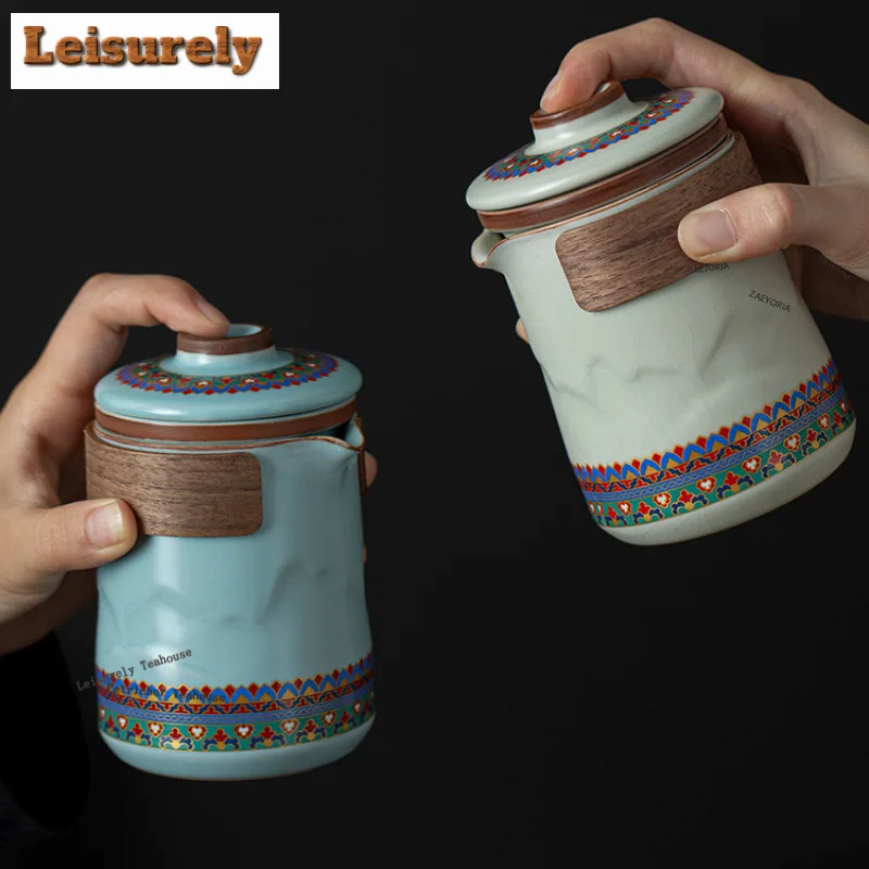 Dunhuang Mountain And Sea Ru Kiln Travel Tea Set Kit Traditional 1 Pot 4 Cups Tea Brewing Organizer Portable Outdoor Stock Bags